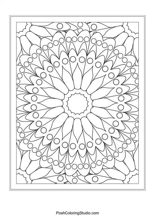 A bold flower design with rounded petals and intricate details.