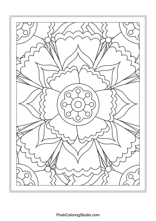 A floral arrangement with layered petals and leaf motifs.