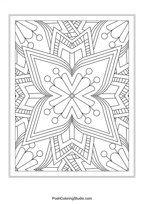 A symmetrical flower design with pointed petals and leaf details.