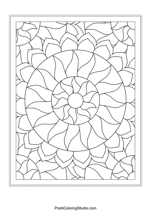 A symmetrical flower design with layered petals and circular motifs.