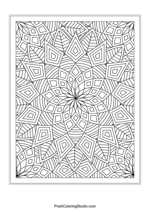 Symmetrical geometric mandala with circular and diamond shapes.