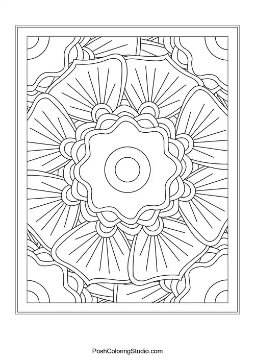 Detailed geometric mandala with petal-like shapes and lines.