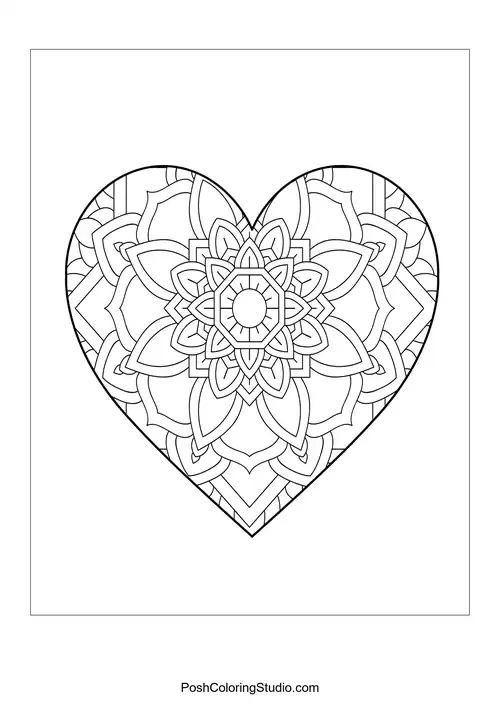 A heart shape adorned with layered mandala and floral patterns.