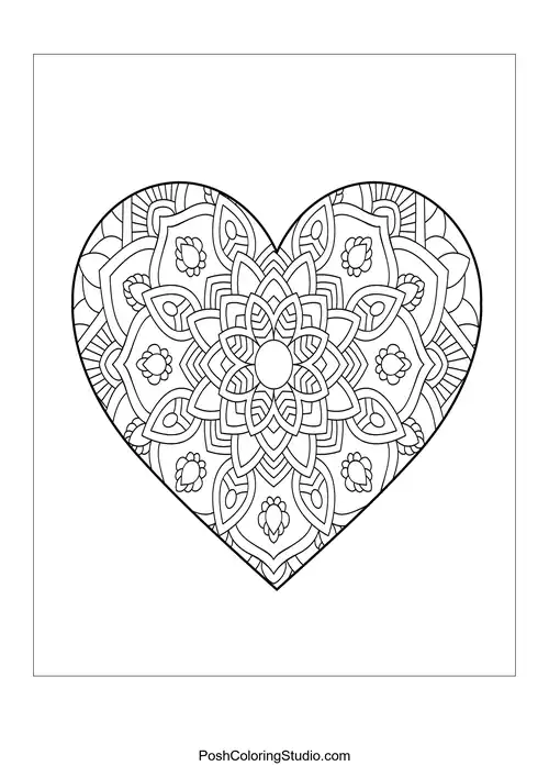 A heart shape filled with intricate circular mandala designs.