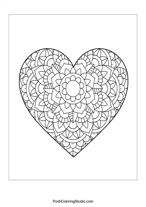 A heart shape filled with symmetrical mandala patterns.