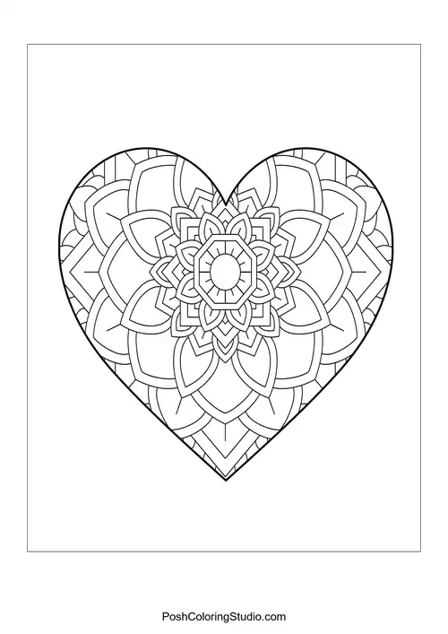 A heart shape adorned with intricate floral designs and curves.
