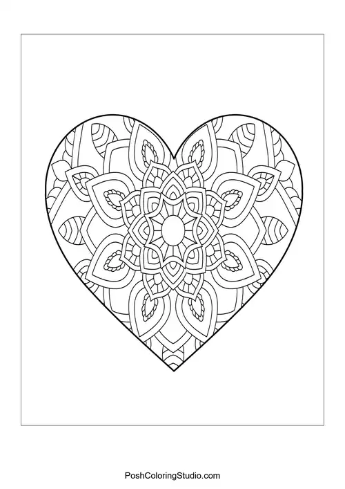 A heart shape filled with floral mandala patterns and details.