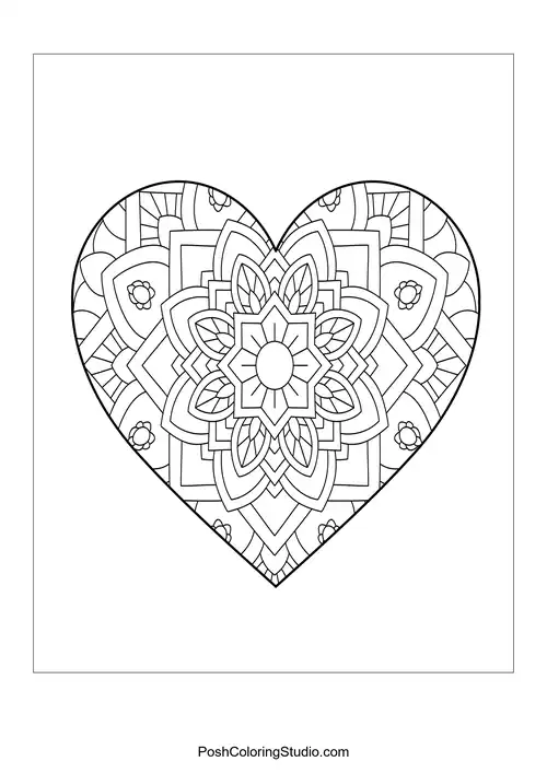 A heart shape filled with intricate petal and mandala designs.