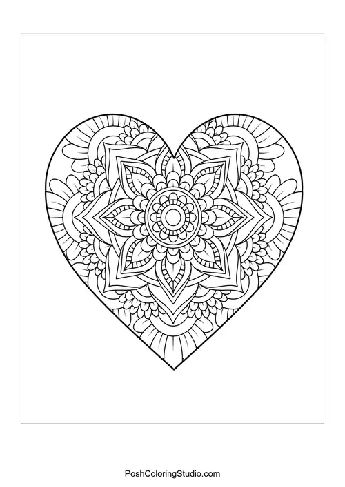 A heart shape featuring a large central flower mandala.
