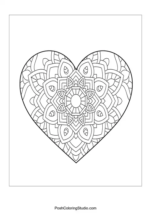 A heart shape filled with symmetrical mandala designs.