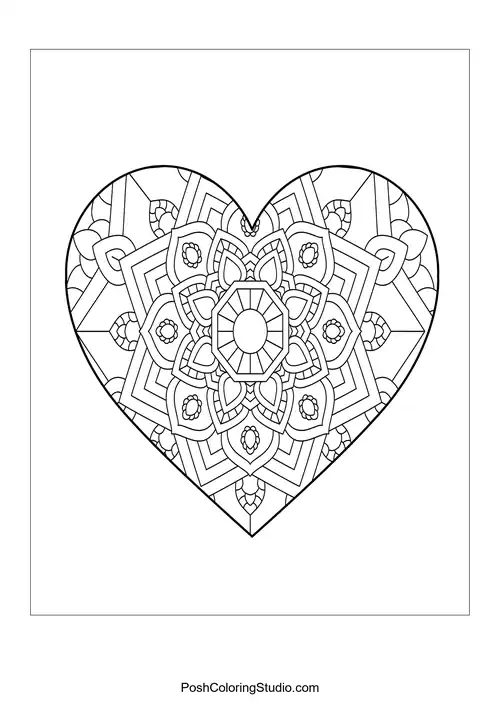 A heart shape adorned with intricate floral and geometric patterns.