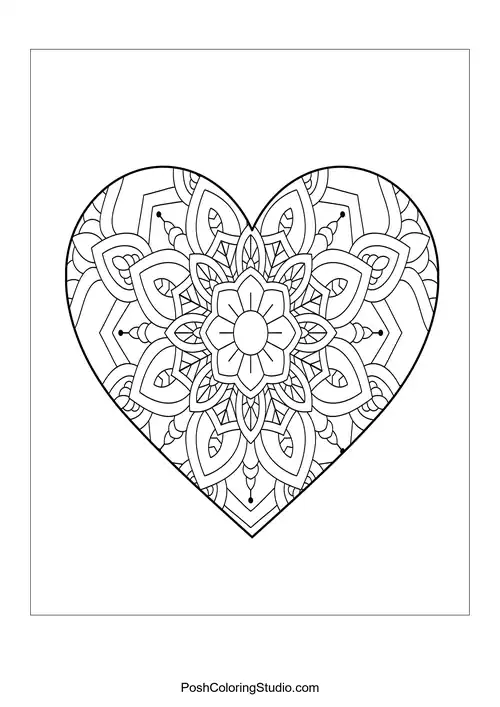 A heart shape filled with layered mandala and petal designs.