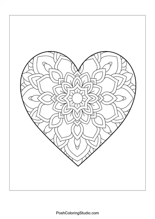 A heart shape adorned with intricate floral and geometric patterns.