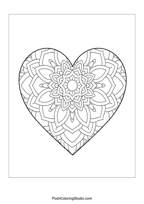A heart shape filled with symmetrical mandala patterns.