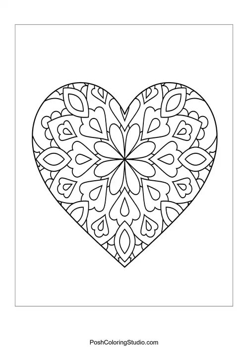 A heart design filled with floral patterns and teardrop shapes.