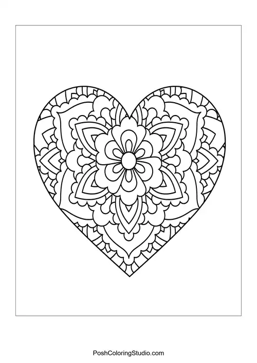 A heart filled with layered floral designs and circular patterns.