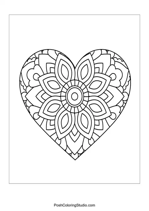 A heart filled with a large central flower and surrounding petals.