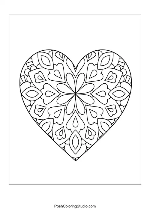 A heart filled with floral patterns and circular elements.