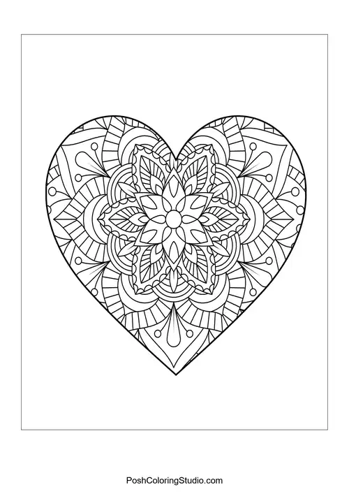 A heart shape with intricate floral patterns and a central circle.