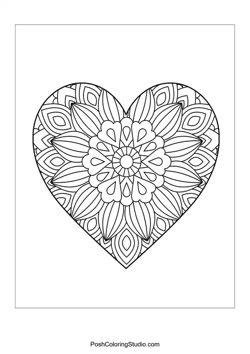 A heart filled with layered floral designs and teardrop shapes.