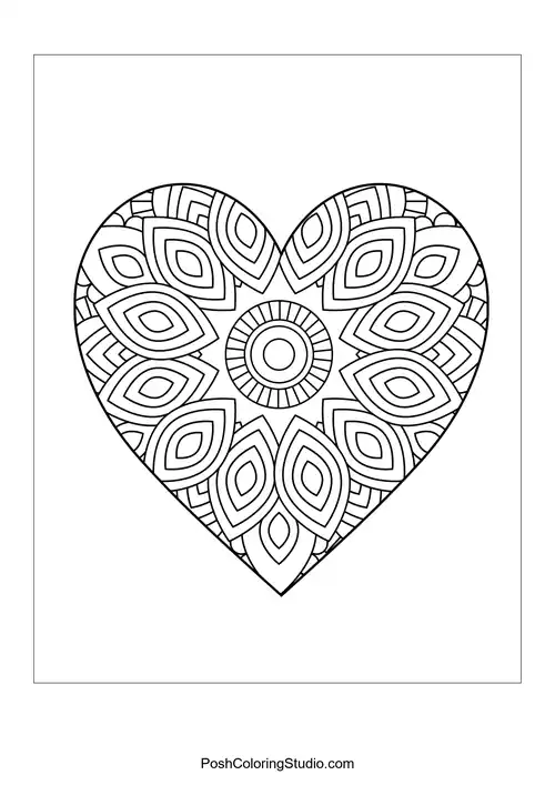 A heart design with a central flower and surrounding intricate patterns.