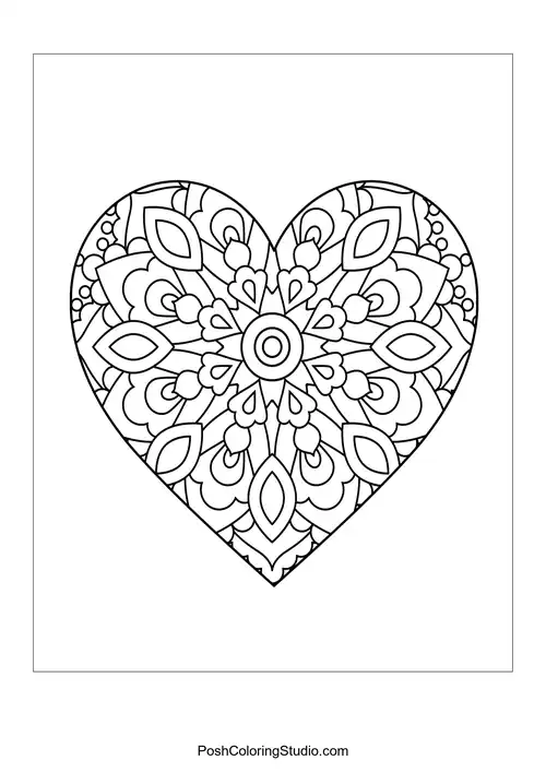 A heart filled with floral and leaf patterns radiating outward.