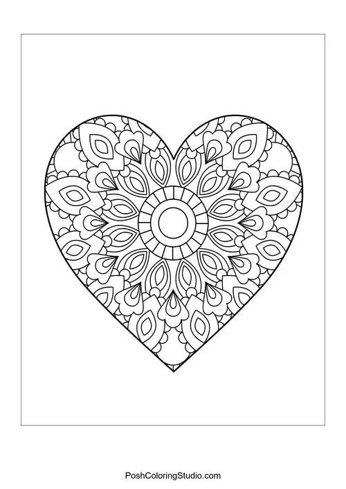 A heart shape with intricate floral designs and a central circle.