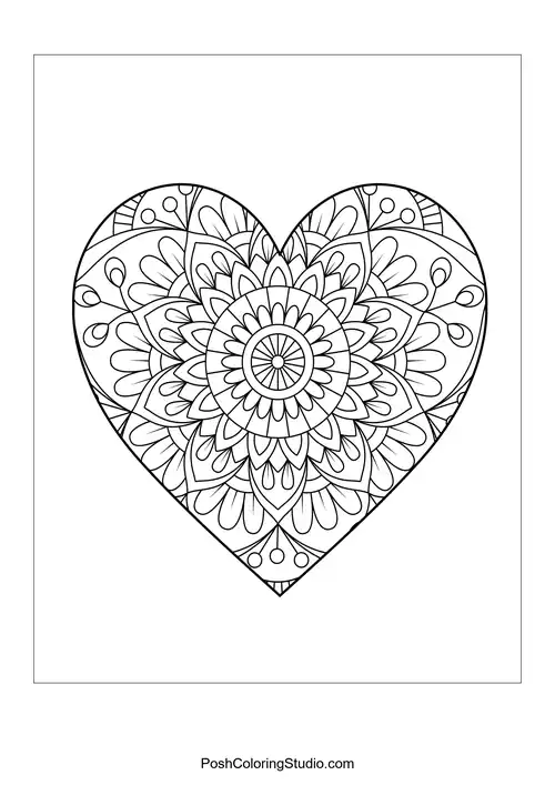A heart shape with layered mandala patterns and curves.