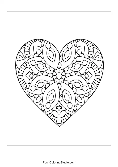 A heart filled with layered floral patterns and circular motifs.