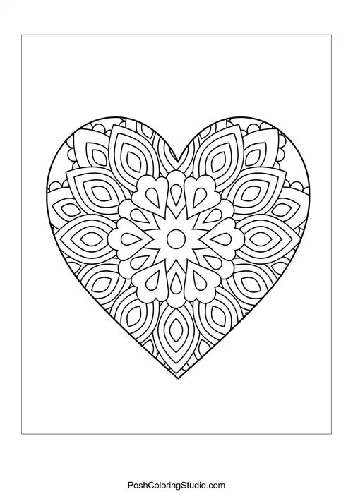 A heart shape adorned with floral patterns and a central flower.