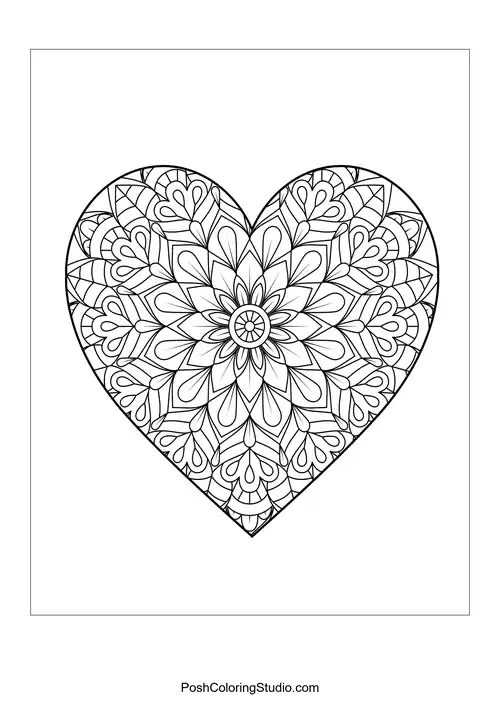 A heart shape with layered floral patterns and circular details.