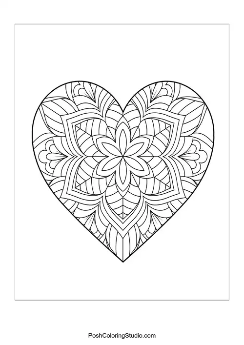 A heart shape adorned with floral patterns and a central circle.