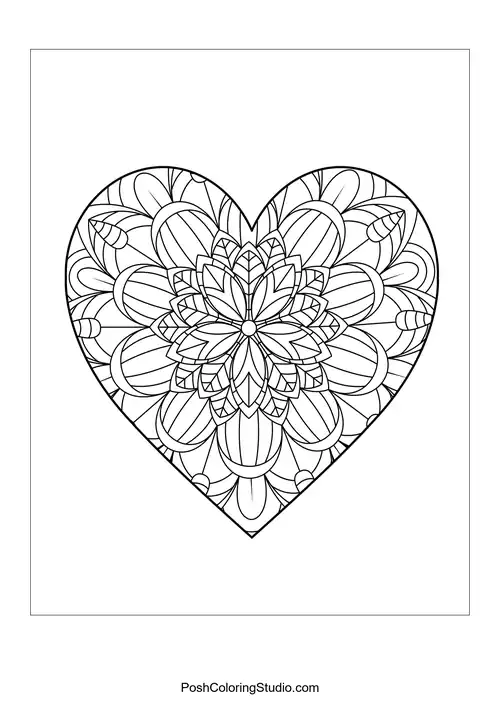 A heart filled with layered floral designs and teardrop shapes.