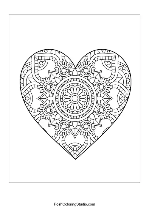 A heart shape with intricate floral patterns and a central flower.