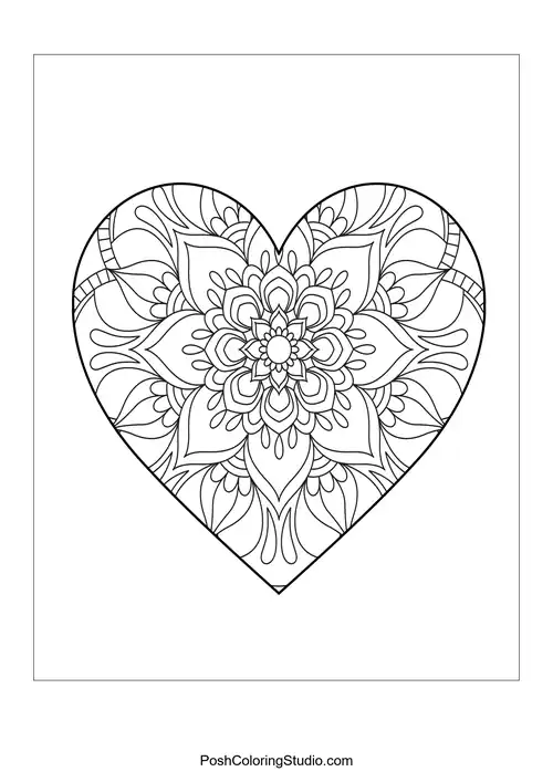 A heart shape adorned with floral patterns and a central circle.