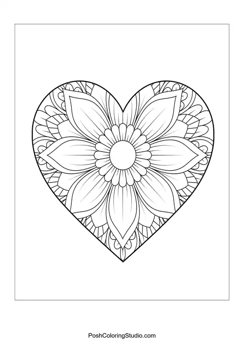 A heart shape filled with symmetrical floral mandala designs.