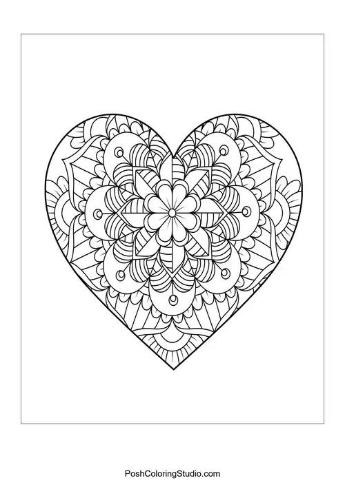 A heart filled with layered floral designs and teardrop shapes.