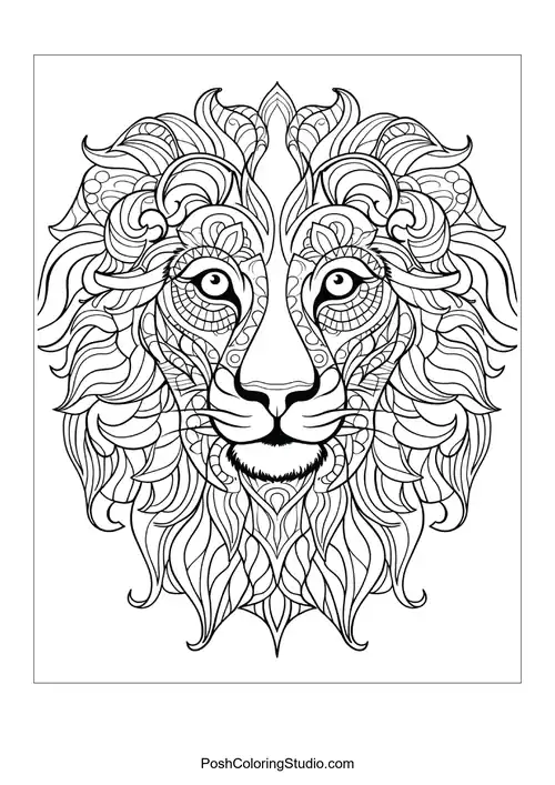A lion's face with elaborate patterns and flowing mane details.
