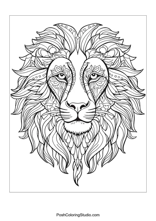 A lion's head with ornate designs and a detailed mane.