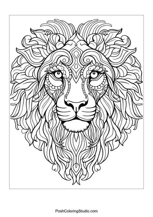 A lion's face with intricate patterns and flowing hair.