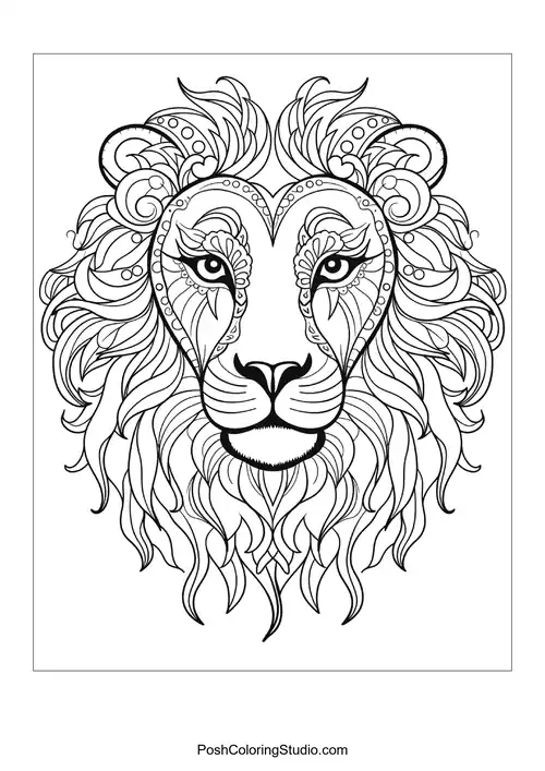 A lion's head with elaborate designs and a majestic appearance.