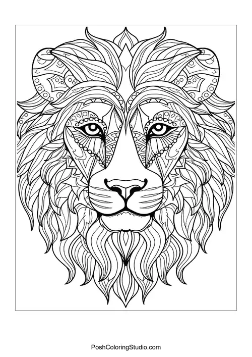 A lion's head with geometric shapes and decorative elements.