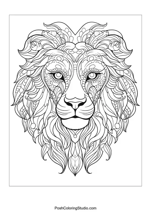 A lion's head with elaborate designs and a majestic appearance.