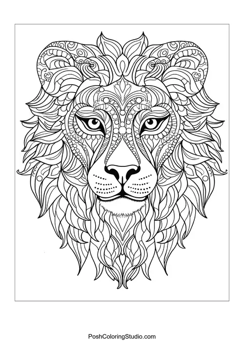 A lion's face with elaborate patterns and flowing hair.