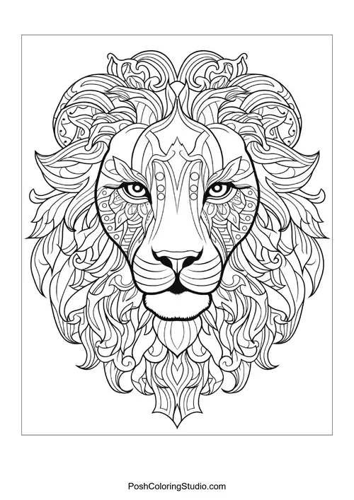 A lion's face adorned with geometric shapes and patterns.