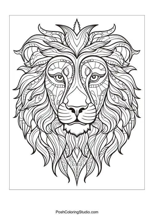 A lion's face with elaborate line work and a flowing mane.