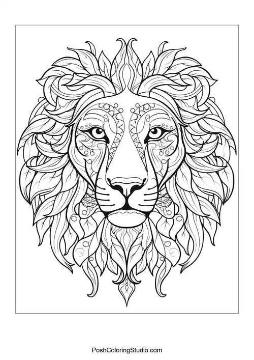 A lion's face featuring intricate swirls and patterns.