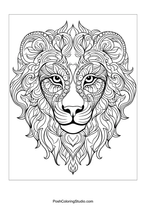 A lion's face with elaborate patterns and textures.