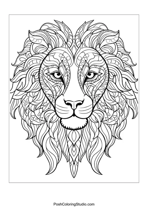 A lion's face surrounded by ornate floral patterns.