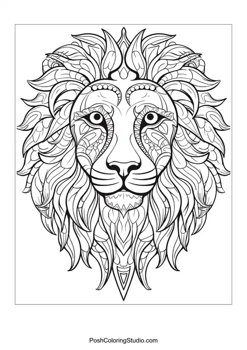 A lion's head with decorative patterns and a detailed mane.